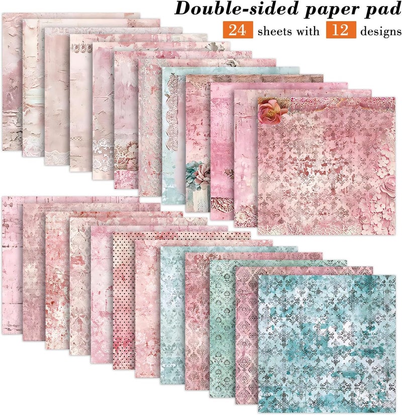 EAMOTOL 6 Inch Retro Pink Scrapbooking Paper Pad - 24 Sheets Double Sided Aesthetic Design Cards Paper for Photos Album Journals Material Decorative Collage Origami DIY Crafts Gifts Wrapping - Image 2